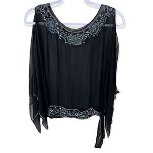 La Nuit Silk Vintage Beaded Sheer Long Sleeve Top